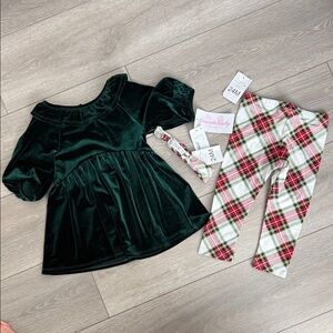 Bonnie Baby Emerald Velvet Dress with Plaid Accents